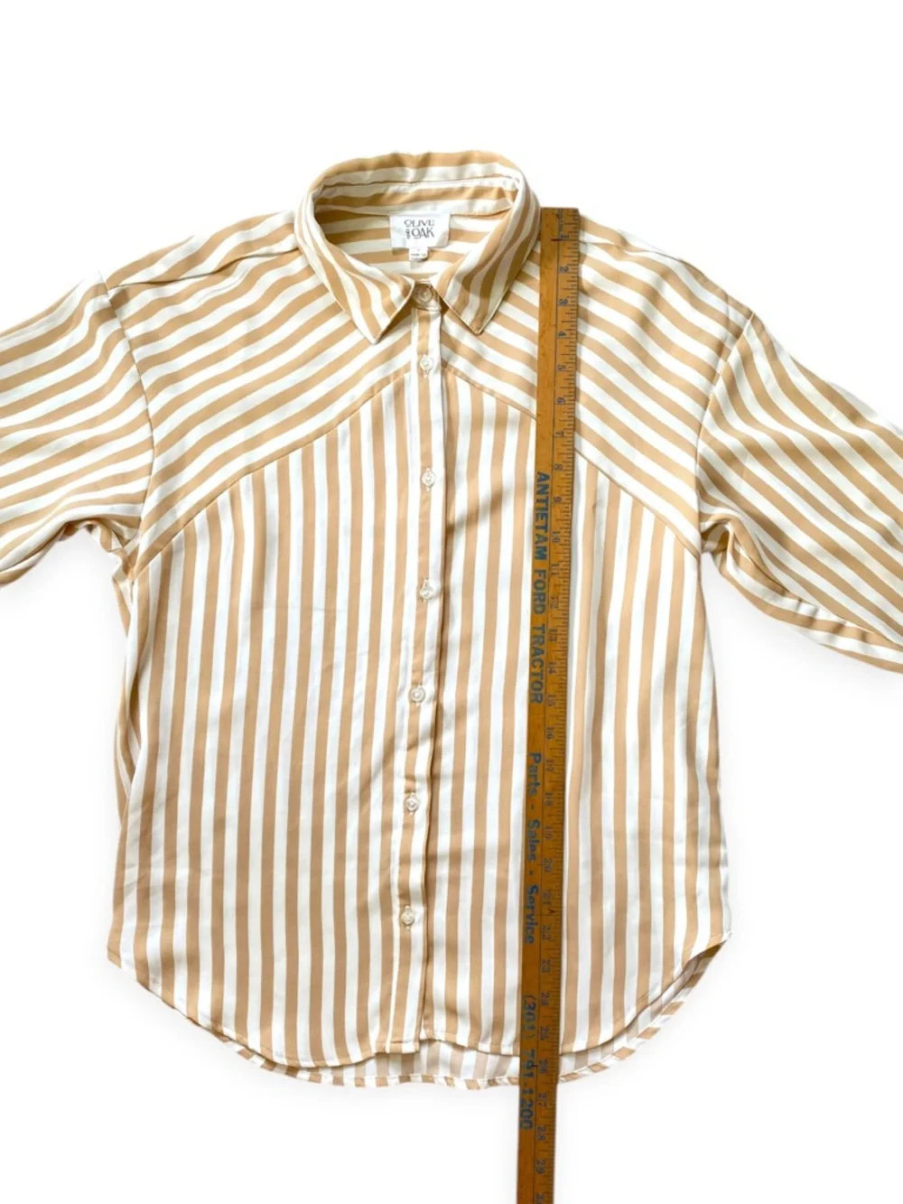 Olive & Oak Tan White Striped Button Down Blouse Womens Small Long Sleeve - Picture 11 of 12